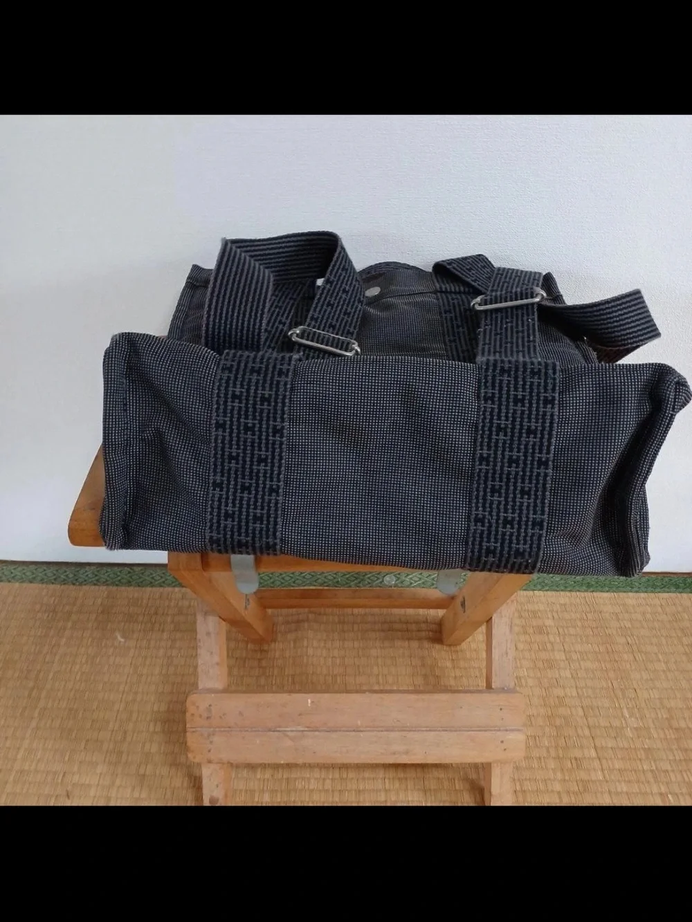 Hermes Black Canvas Messenger Tote with Signature Webbing